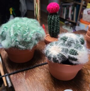 crocheted plants in pots